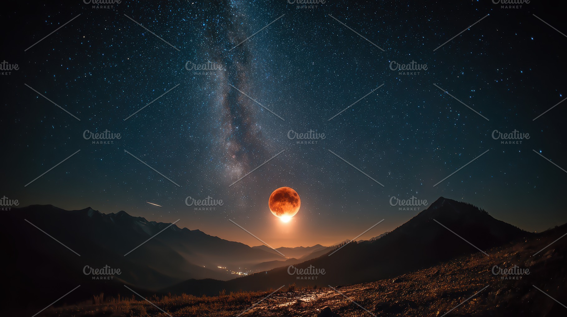 Blood Moon over Majestic Mountains S, a Photo by Pixeness Studio