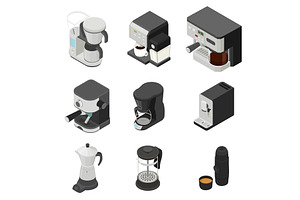 Coffee Maker Icons Set, Isometric