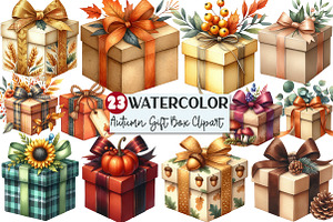 Watercolor Autumn Gift Box Clipart, an Illustration by Rose Art