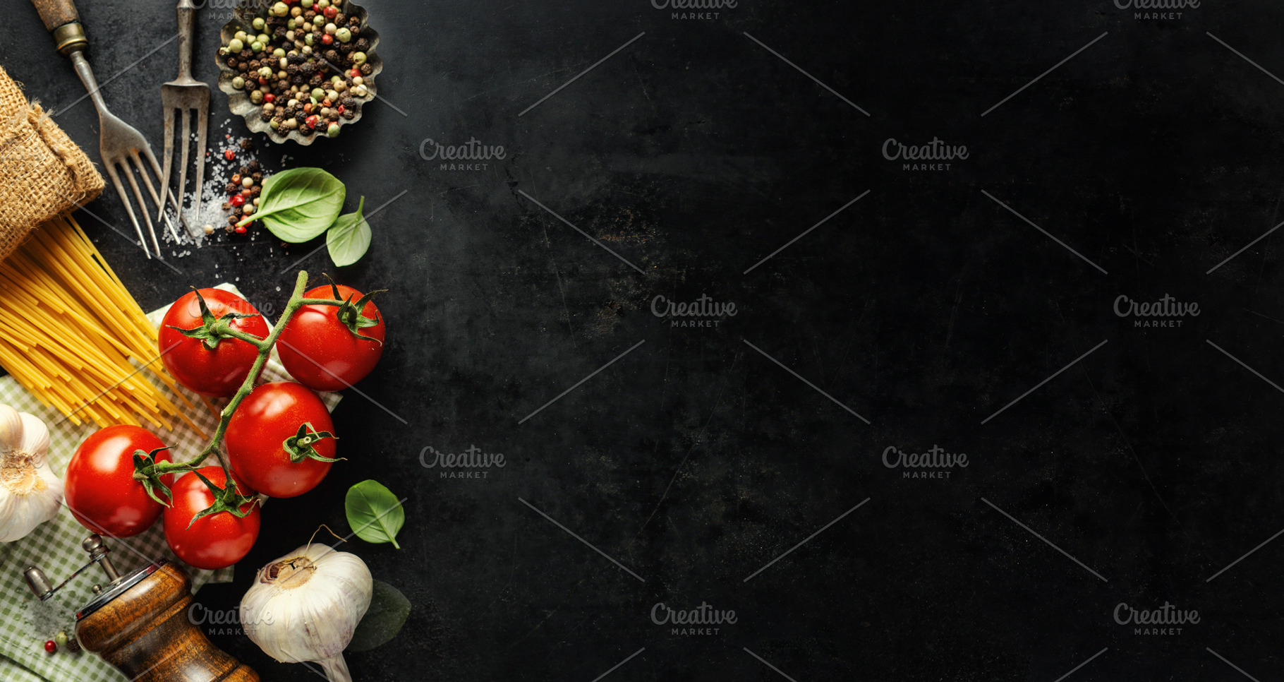 Italian food background with ingredi featuring gastronomy, dark background, a Food & Drink Photo by Valeria Art