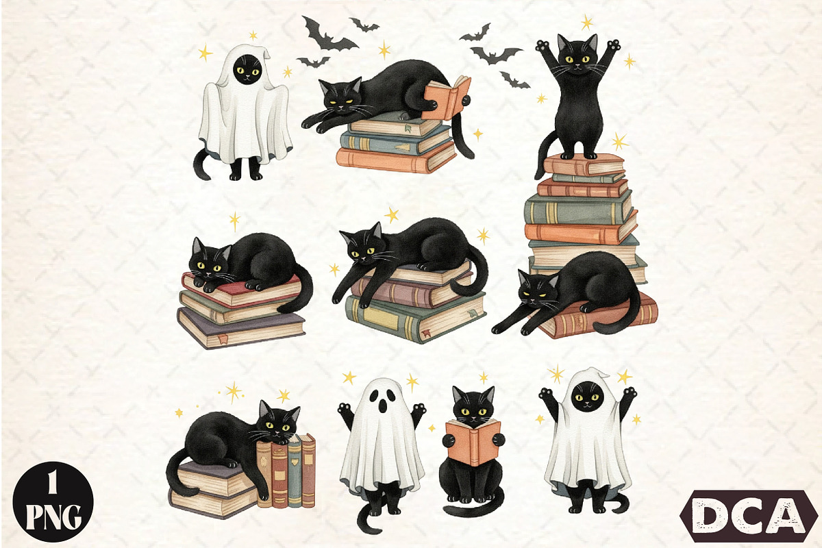 Spooky Cat Book Lover Halloween PNG, an Illustration by DreamCafeArt (Photo 1 of 7)
