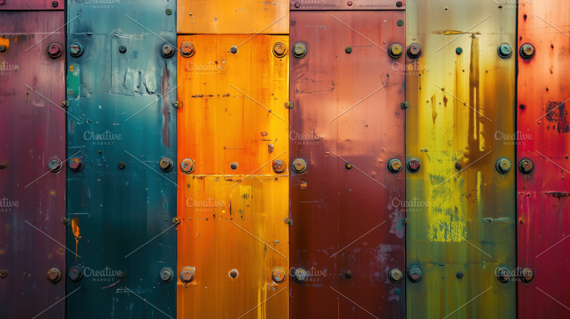 A vibrant, textured wall made of metal panels in various colors, including gree, an Industrial Photo by Textures & Backgrounds