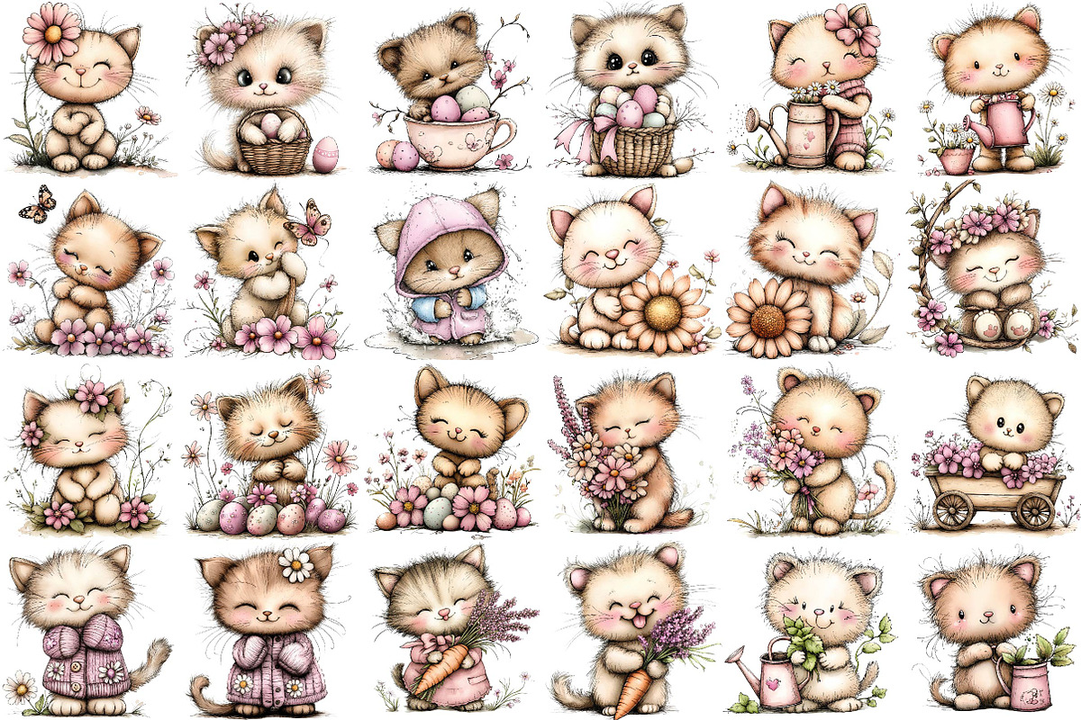 Whimsical Funny Spring Cats Clipart, an Illustration by DreamPrint404 (Photo 2 of 6)