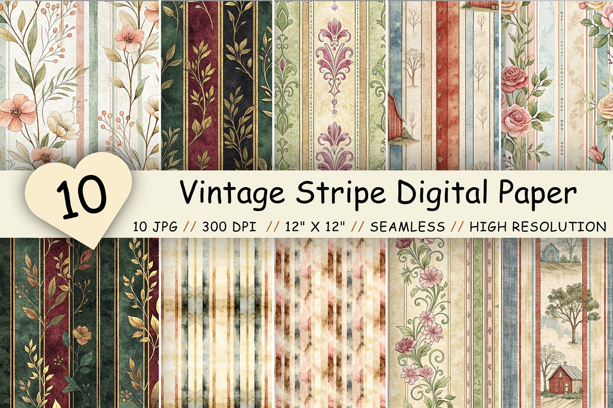 Vintage Stripe Digital Paper Pack, a Pattern Graphic by FloridPrintables (Photo 1 of 9)