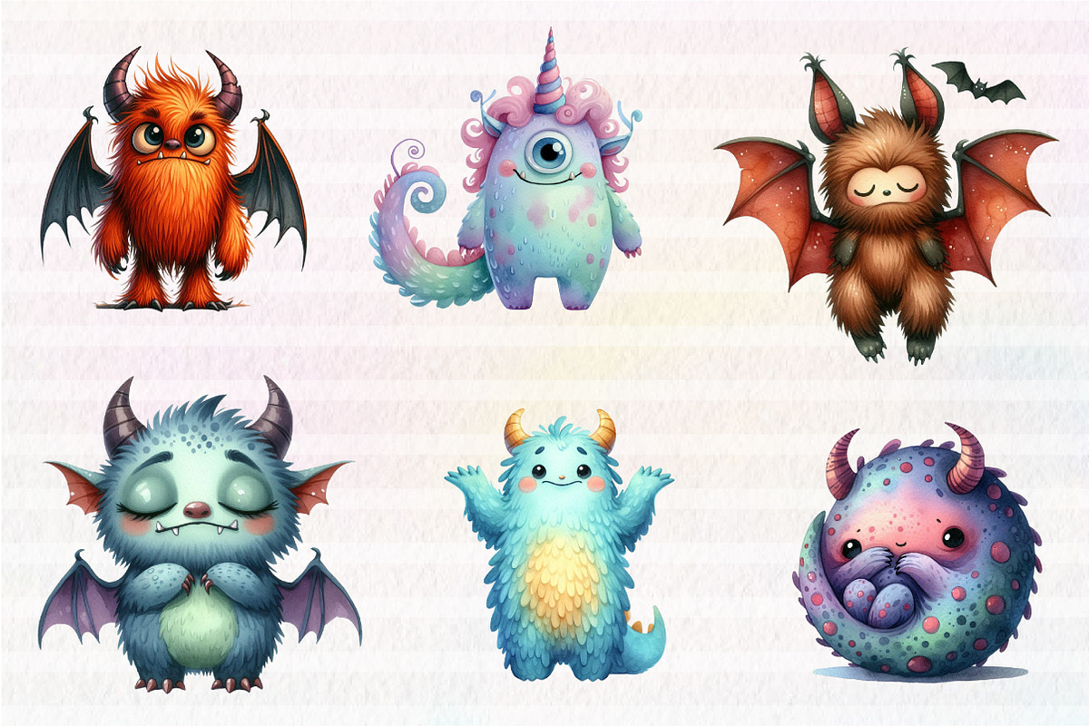 Cute monsters watercolor clipart, an Illustration by CreationArt (Photo 3 of 5)