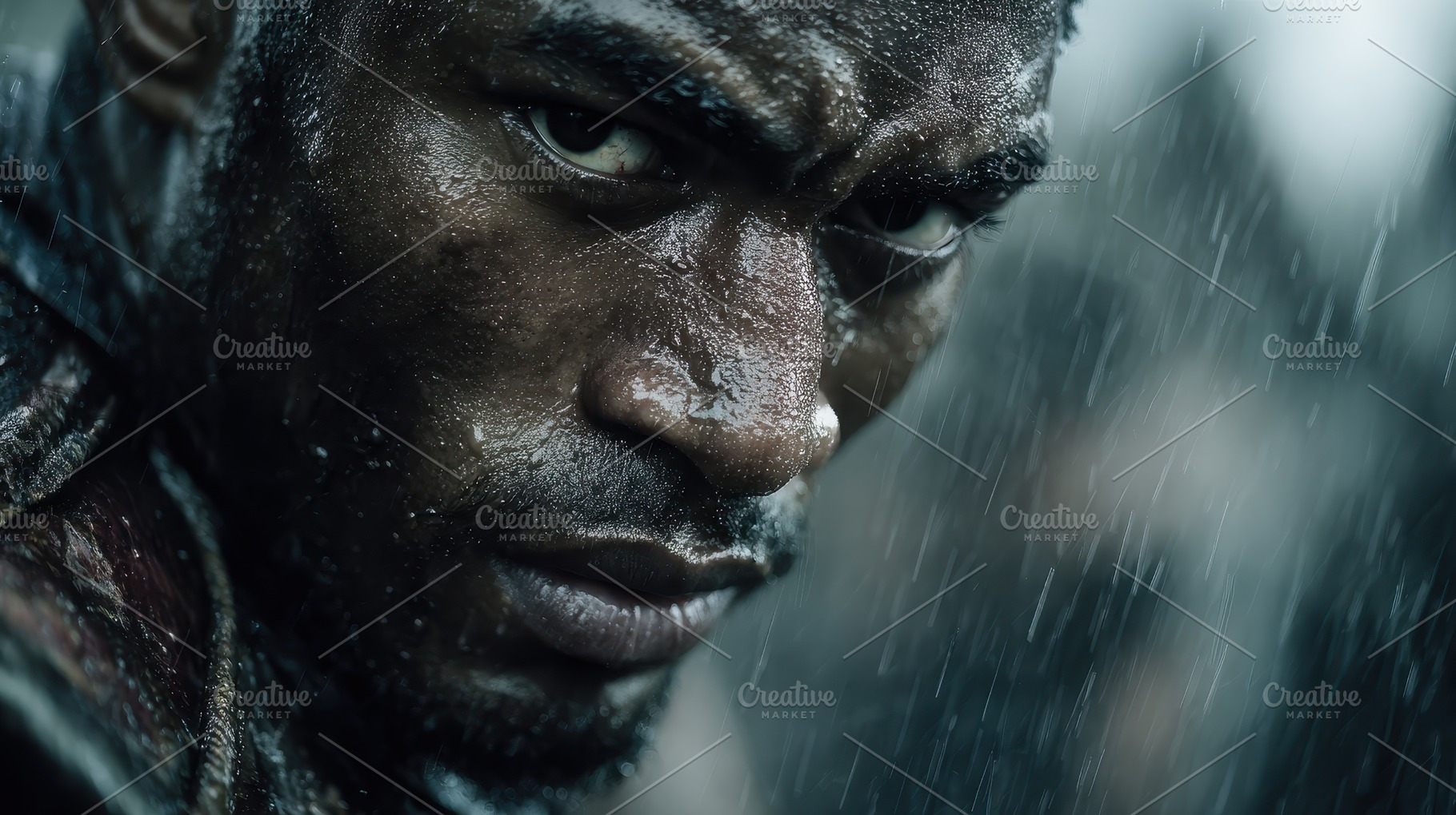 Intense warrior face rain dark power, a Photo by Pixeness Studio