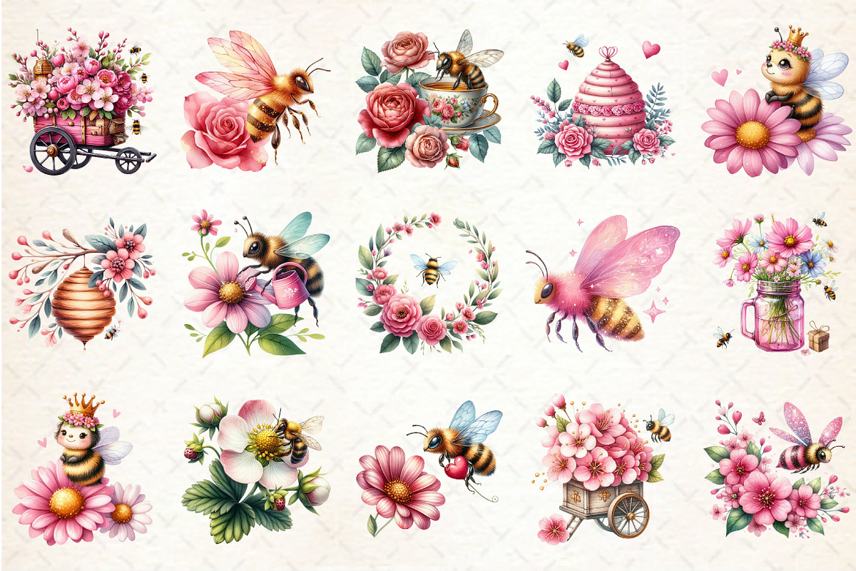 Pink Summer Bees Garden Clipart, an Illustration by Rose Art (Photo 2 of 8)