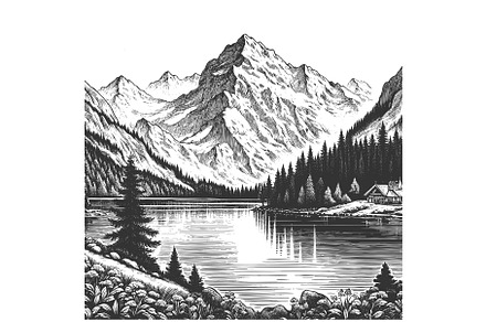 Scenic Alpine Lake with Mountain, an Illustration by AlexArt