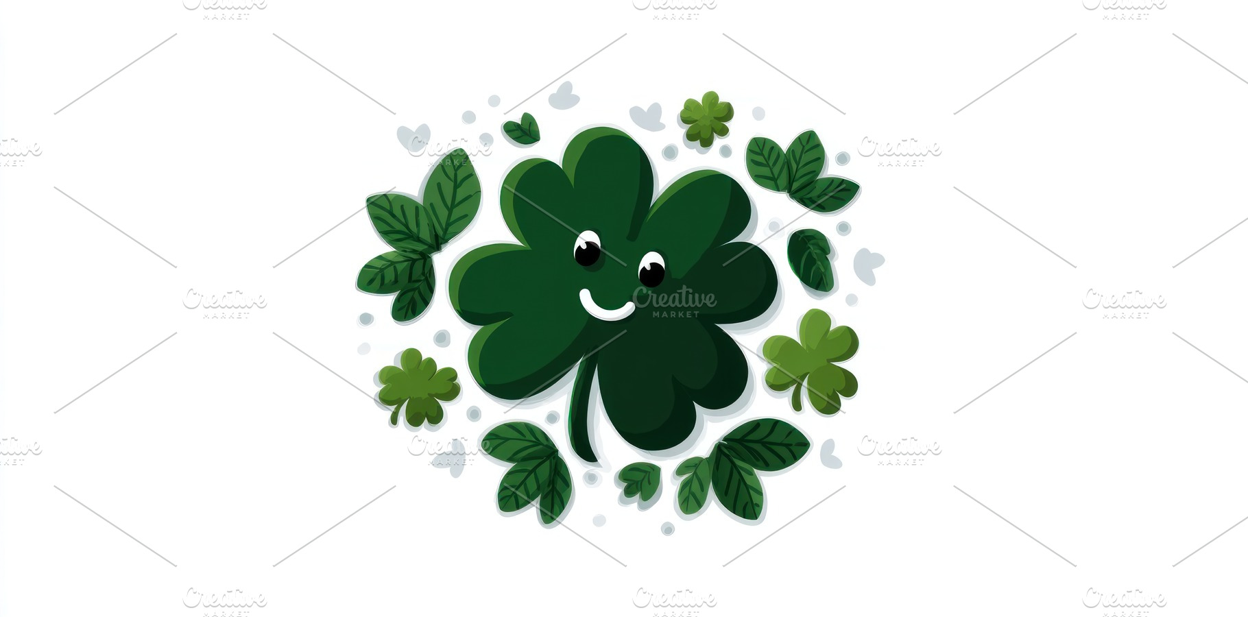 Cute smiling four-leaf clover with cartoon face surrounded by gr, an Abstract Photo by José Manuel Gelpi