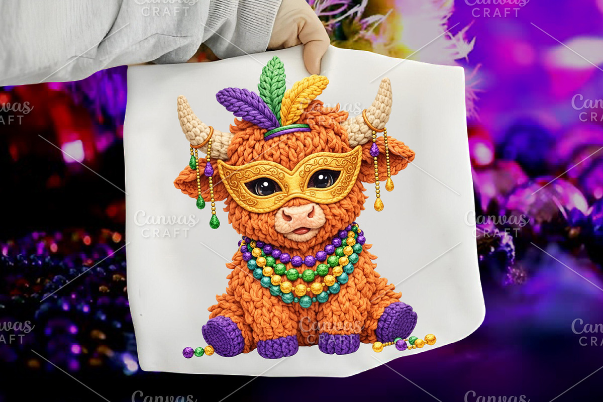 Crochet Mardi Gras Highland Cow PNG, an Illustration by Canvas Craft (Photo 1 of 6)