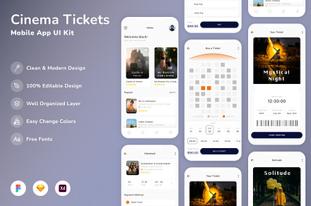 Cinema Tickets Mobile App UI Kit, an UI Kit Template by Betush