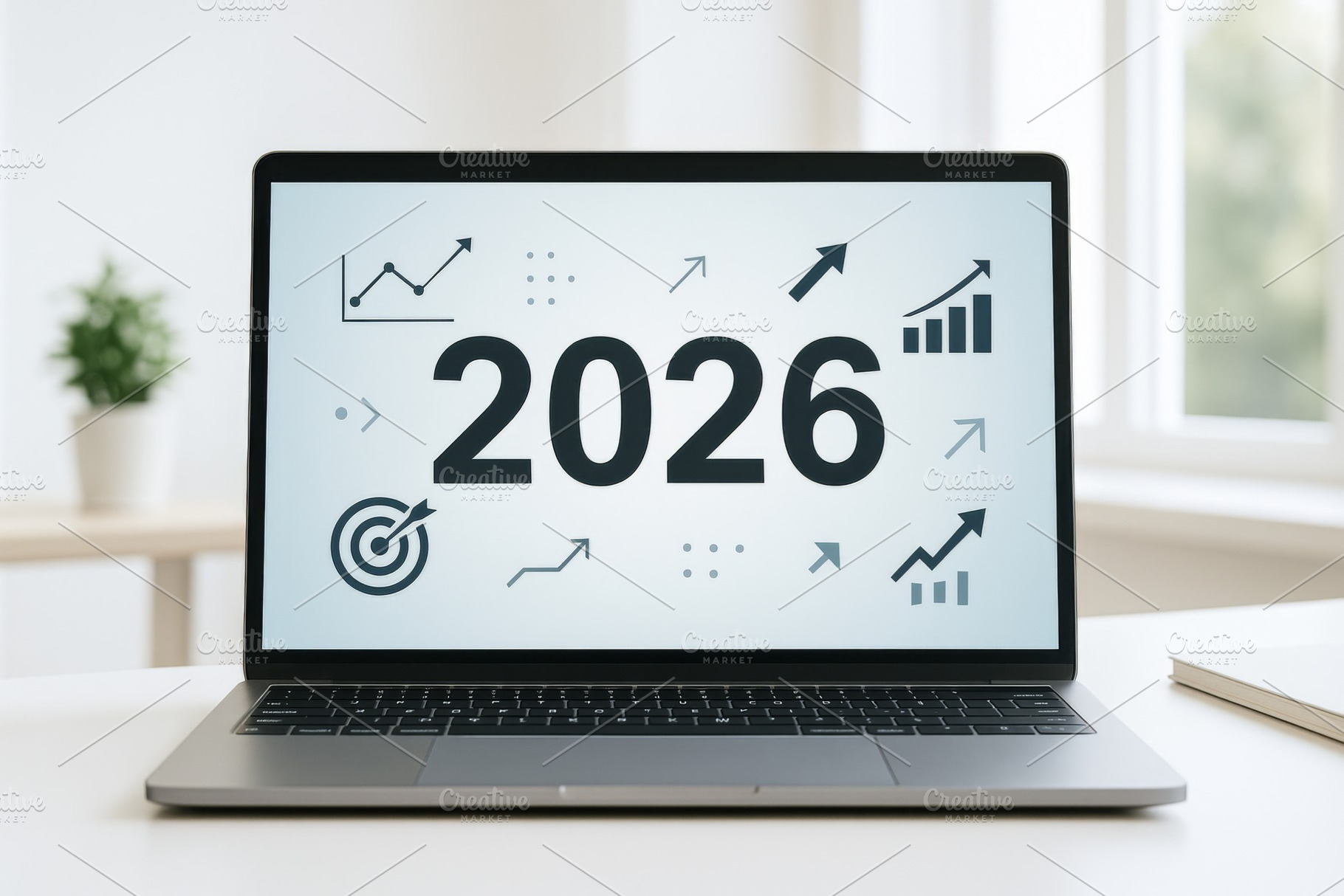 Laptop displaying 2026 with business, a Photo by Dvoevnore photos