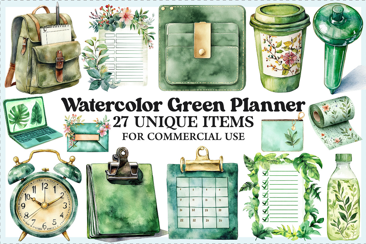 Watercolor Green Planner Clipart, an Illustration by Craft Nest (Photo 1 of 9)