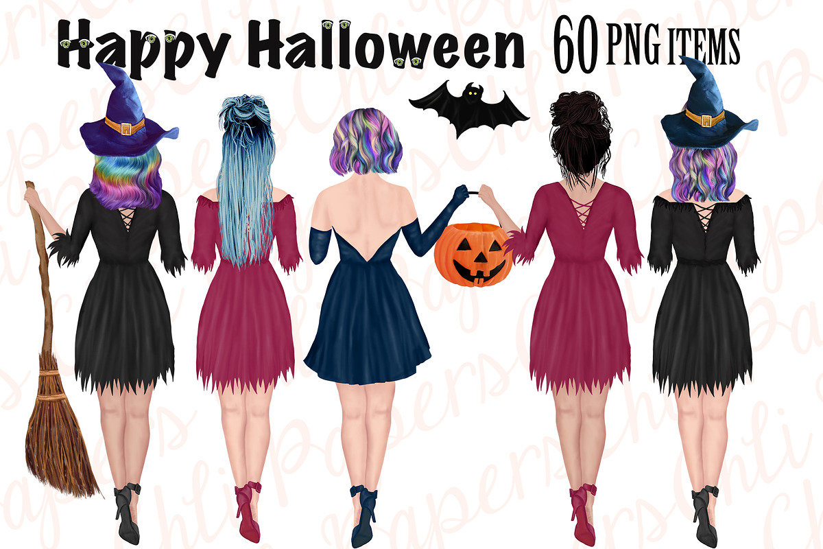 Halloween girls clipart,Witches PNG, an Illustration by chilipapers (Photo 1 of 5)