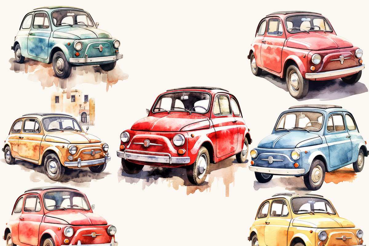 Watercolor Retro Fiat 500 Clipart, an Object Illustration by BusyDaydesign (Photo 2 of 7)