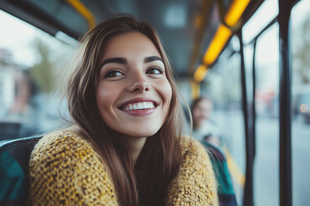 A young woman with long brown hair and a bright smile sits on a bus, wearing a, a Person Photo by Textures & Backgrounds