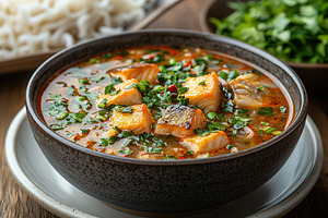Delicious bowl of spicy fish soup wi, a Photo by Tanuart