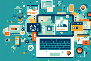 Digital media and content creation visualized with icons and connectivity, an Illustration by AS photostudio