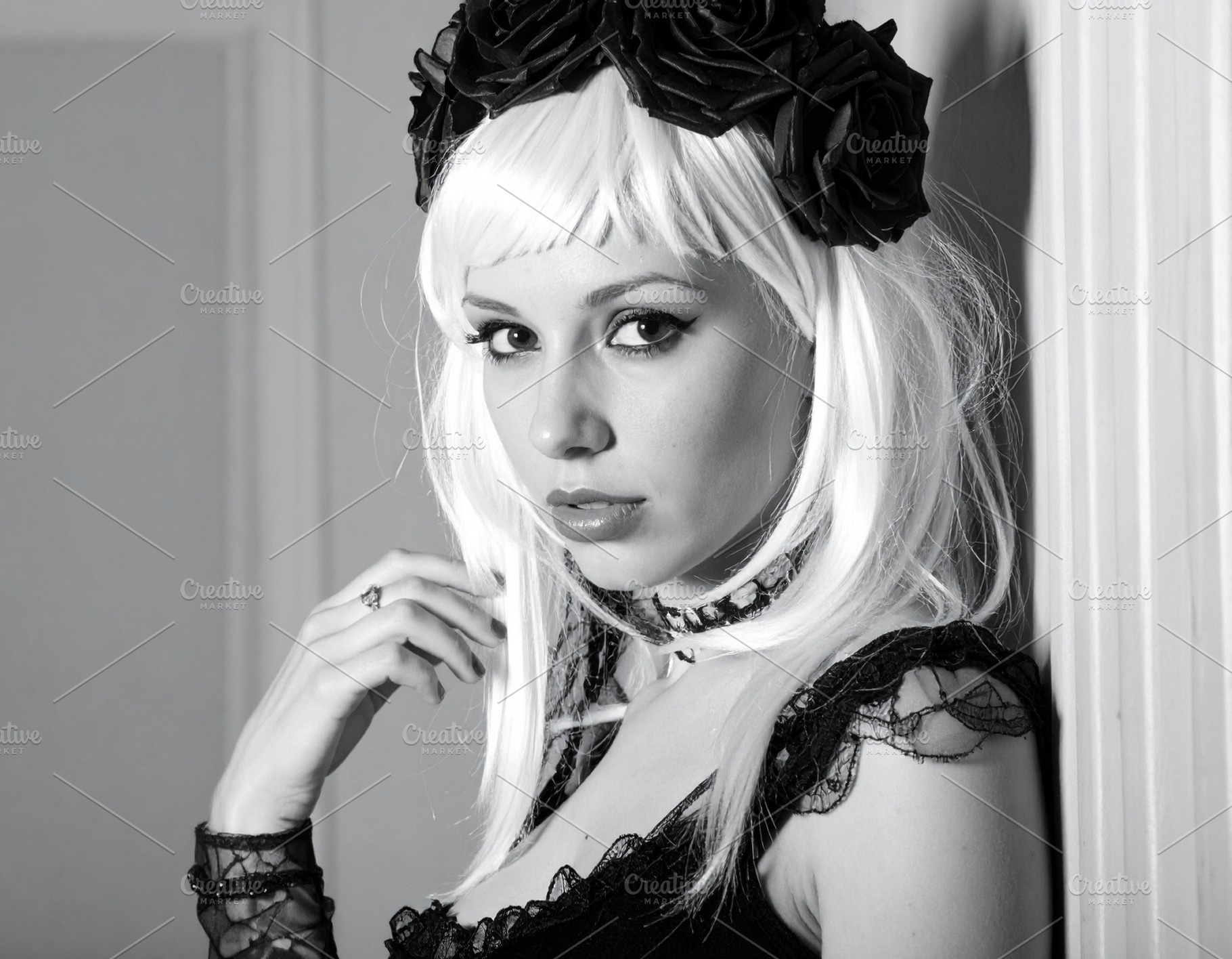beautiful goth woman portrait in bw, AI generated, a Photo by WorldOfPhotos
