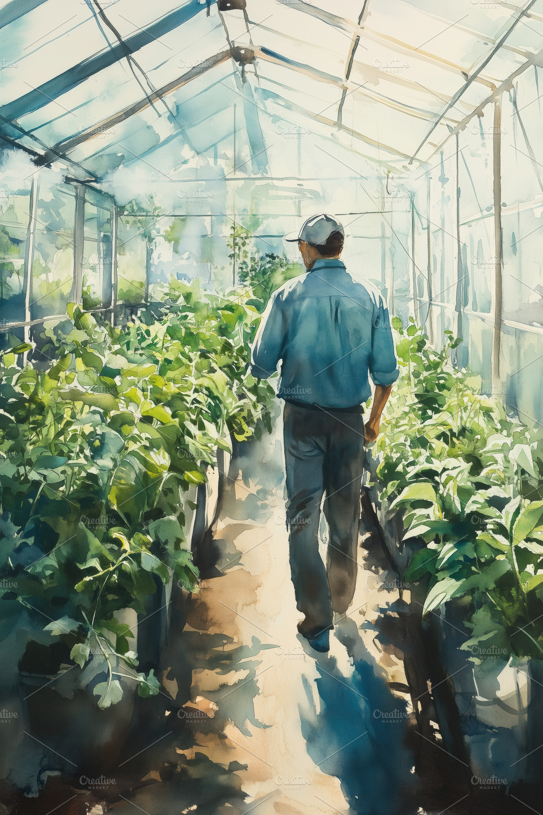 A person walking through a greenhouse filled with lush green plants. Sunlight f, a Technology Photo by Textures & Backgrounds