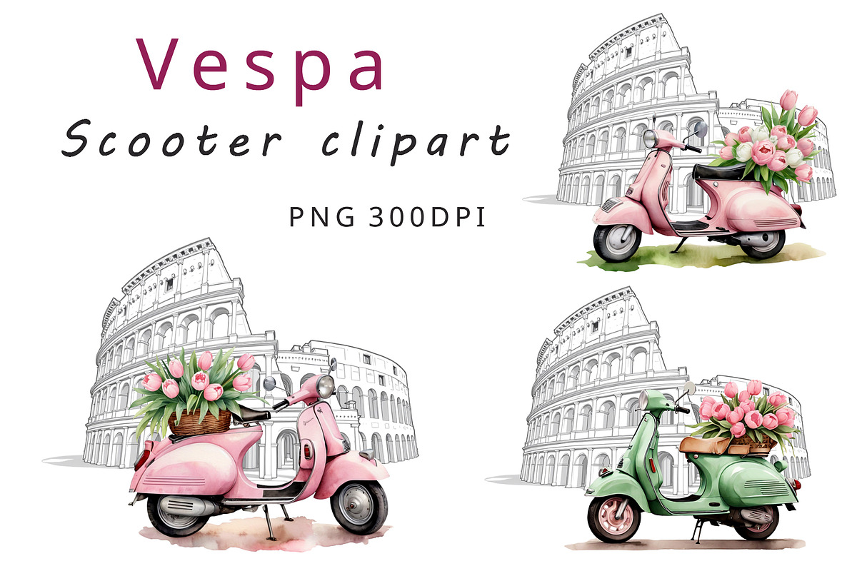 Watercolor scooter clipart Vespa, a Transportation Illustration by TetianaArt (Photo 1 of 7)