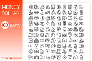 Dollar Money Line Icons Set, an Outline Icon by Designfour