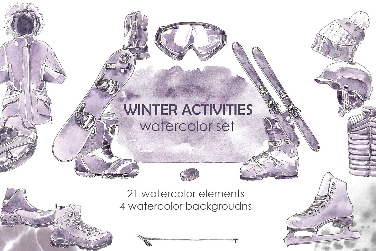 Winter Activities Watercolor Set, a Sport Illustration by Cat In Colour (Photo 1 of 3)