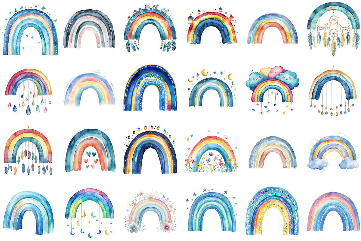 Watercolor Boho Blue Rainbow Clipart, an Illustration by Sublimation Artist (Photo 2 of 6)