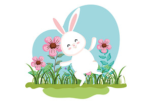 Cute Rabbit Jumping And Flowers