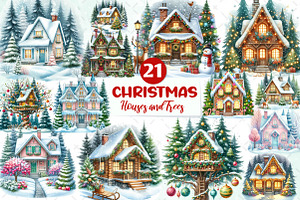 Watercolor Christmas Houses and Tree, an Illustration by CreationArt