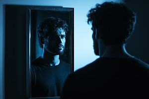 Man stares intensely at reflection, a Person Photo by MistyDay