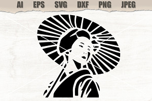 Stencil Asian Woman Parasol, a Decorative Illustration by MARYCRAFTIRIA
