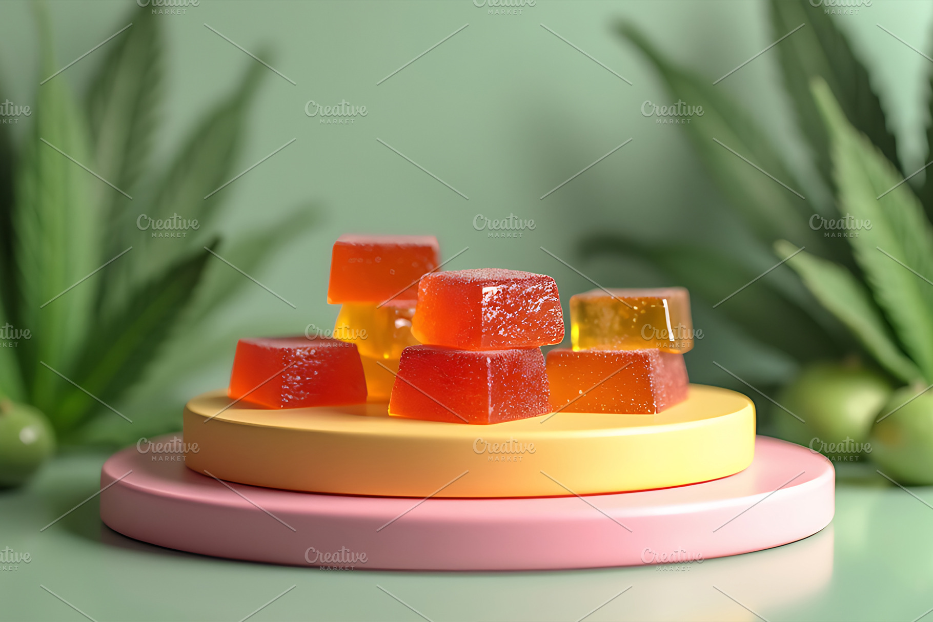 Hemp gummy candy on a podium, a Food & Drink Photo by Shahjahangdb1