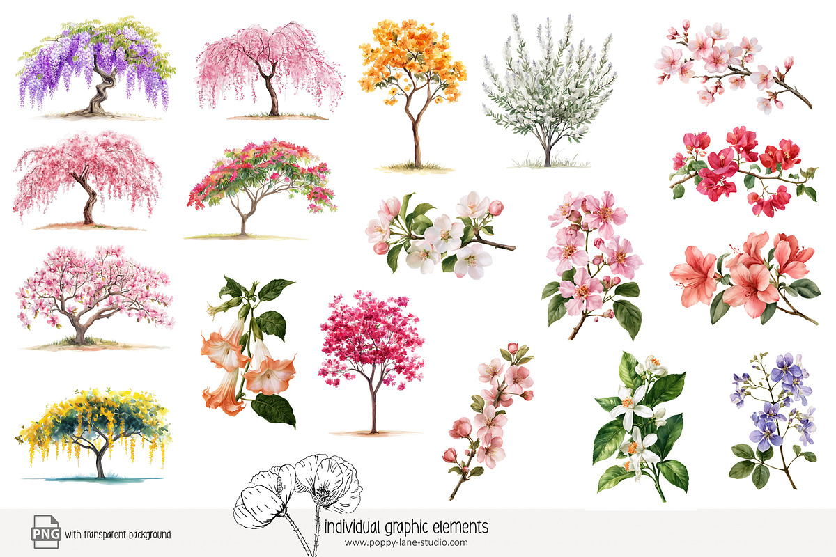 100 watercolor floral trees clip art, a Seasonal Illustration by Poppy Lane Studio (Photo 6 of 12)