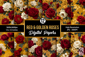 Red and Gold Roses Digital Paper, a Pattern Graphic by Creative Store