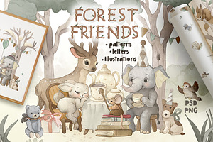 Watercolor forest Boho animal set