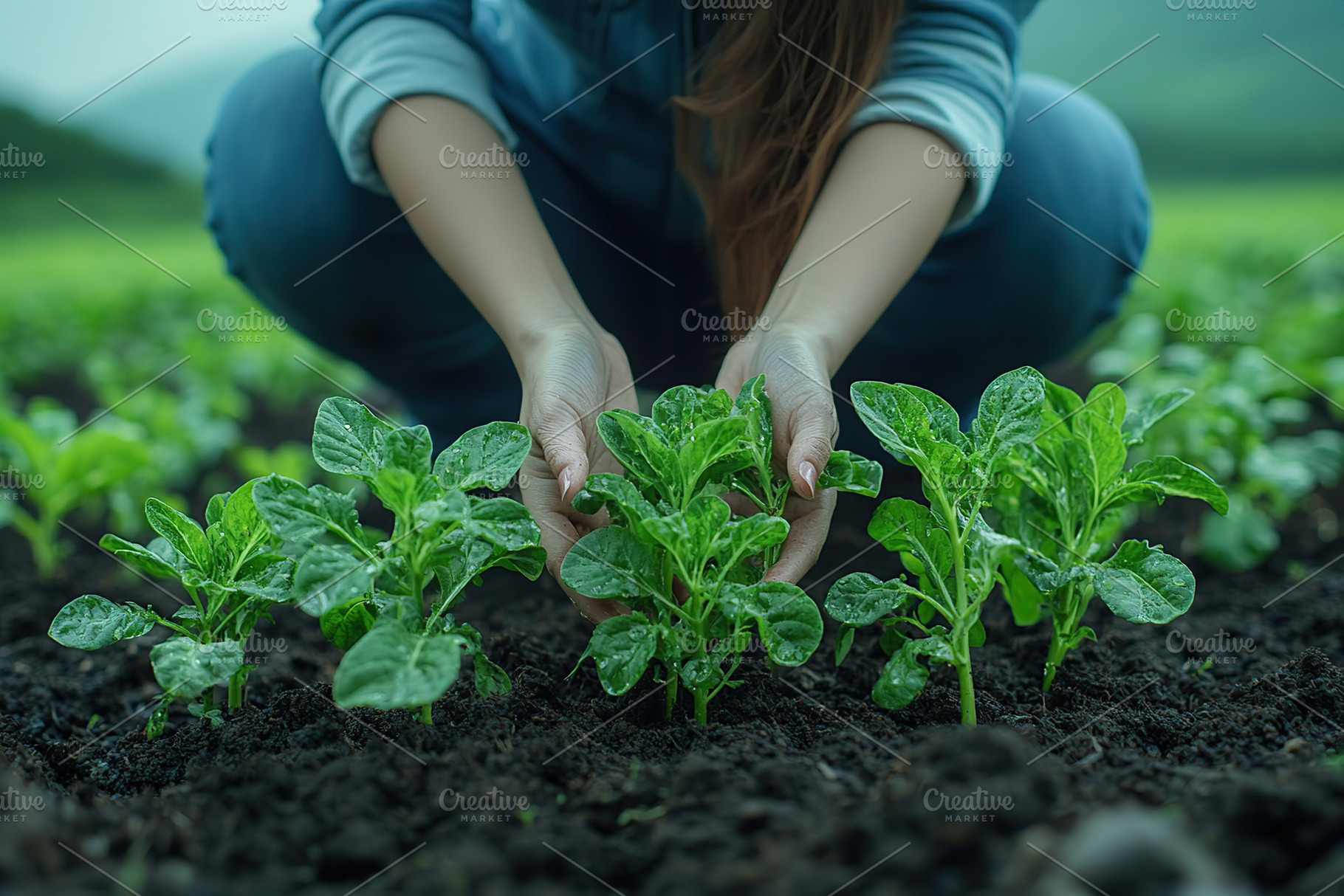 Farmer planting a plant on a field, early spring time, a Nature Photo by AlyaAnd