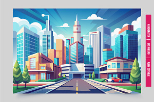 Cartoon city street red car, an Illustration by Tanuart
