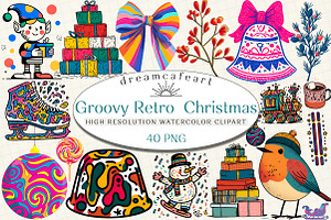 Groovy Retro  Christmas Clipart, an Illustration by DreamCafeArt