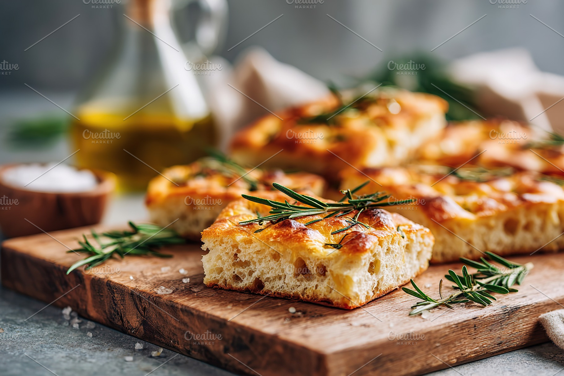 Freshly baked focaccia bread topped with rosemary and sea salt for a delightful, a Food & Drink Photo by AlyaAnd