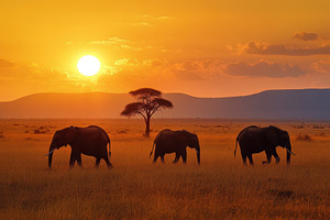 Elephants walking across a dry grass, a Photo by Pavel_design
