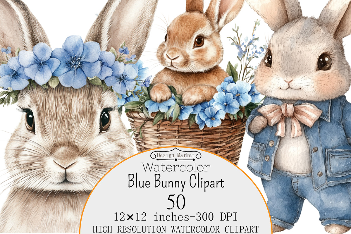 Watercolor Blue Bunny Clipart, a Seasonal Illustration by Design Market (Photo 1 of 3)