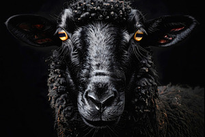 Black sheep portrait with curly dark fleece and glowing eyes, an Animal Photo by GoodGoods