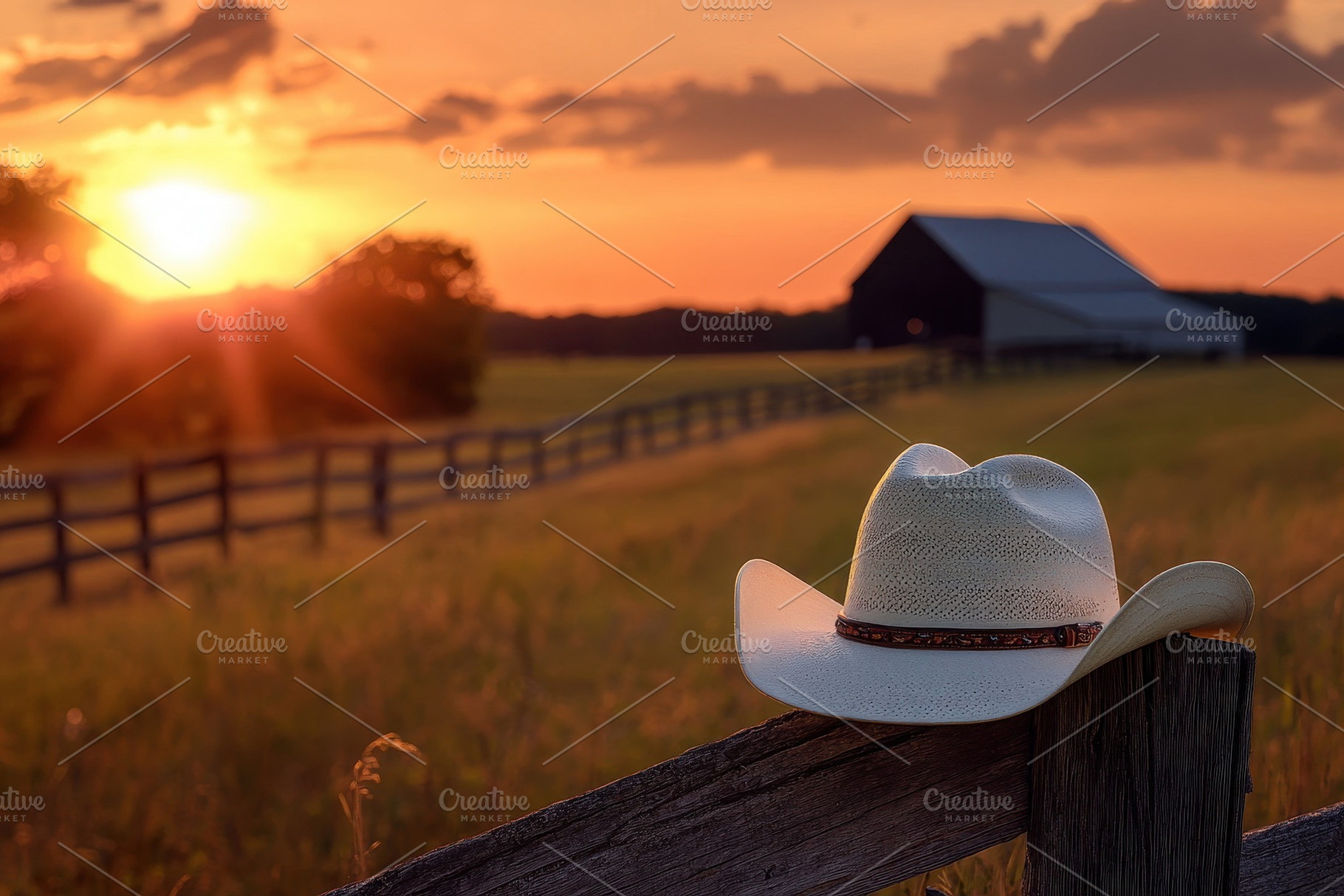 Cowboy hat resting on wooden fence, a Photo by Pavel_design