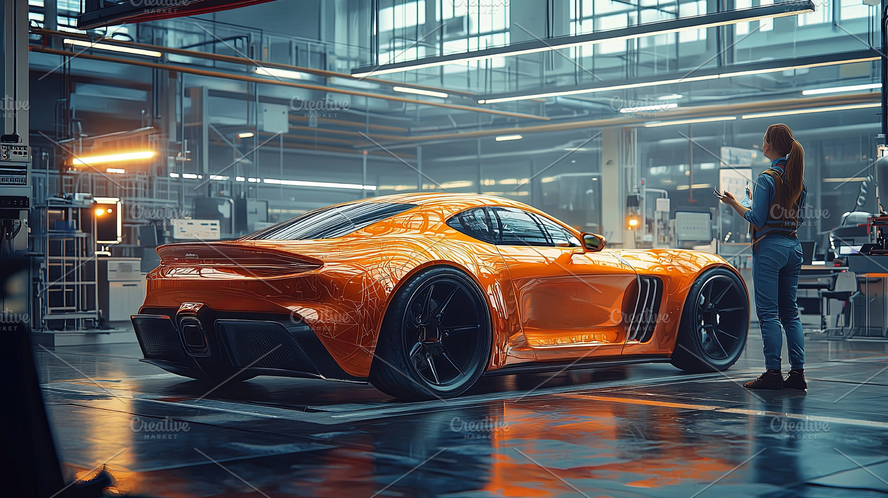 Orange sports car in a futuristic workshop with a female engineer, a Photo by AS photostudio