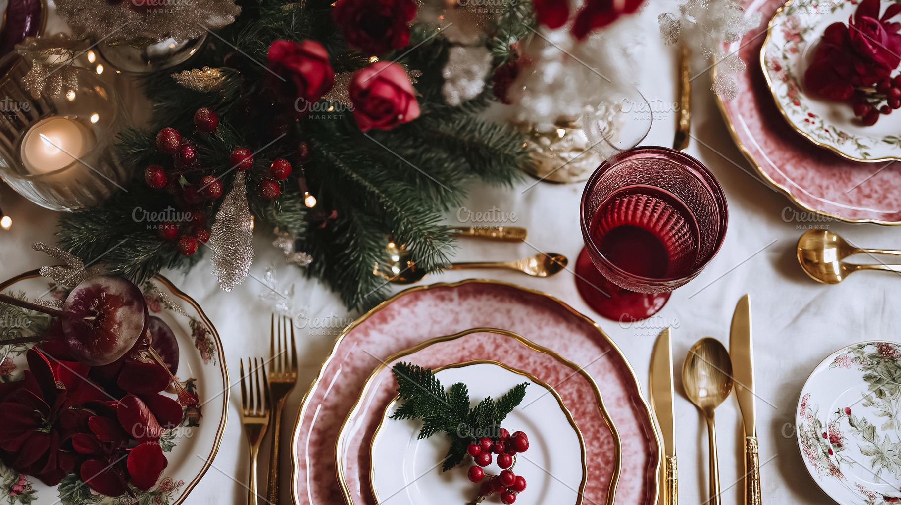 Festive Christmas table setting with elegant pink plates, red berries, fir bran, a Food & Drink Photo by Anneleven
