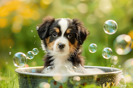 Cute puppy taking a bath in the basin with soap bubbles on blurred green backgr, an Animal Photo by AlyaAnd