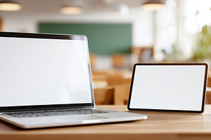 Laptop on desk with blank screen in bright workspace, a Technology Photo by AlyaAnd
