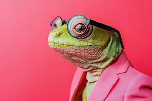 Green lizard in pink suit and glasses, bold and stylish, an Abstract Photo by Natalia Klenova's Shop
