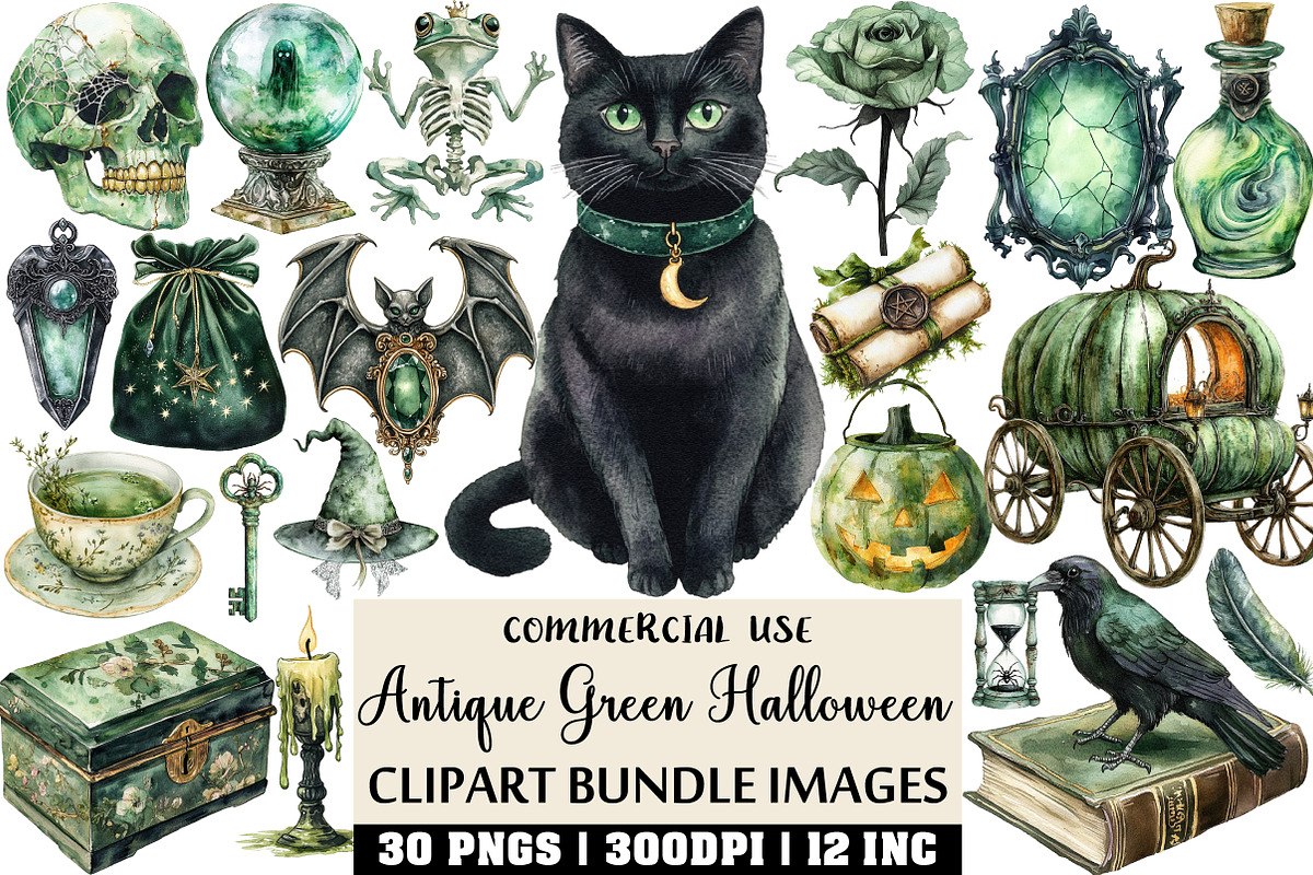 Antique Green Halloween Clipart, an Illustration by Craft Nest (Photo 1 of 6)